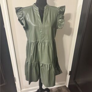 Fab’rik Olive Green Faux Leather Ruffle Sleeve Tiered Dress Size L